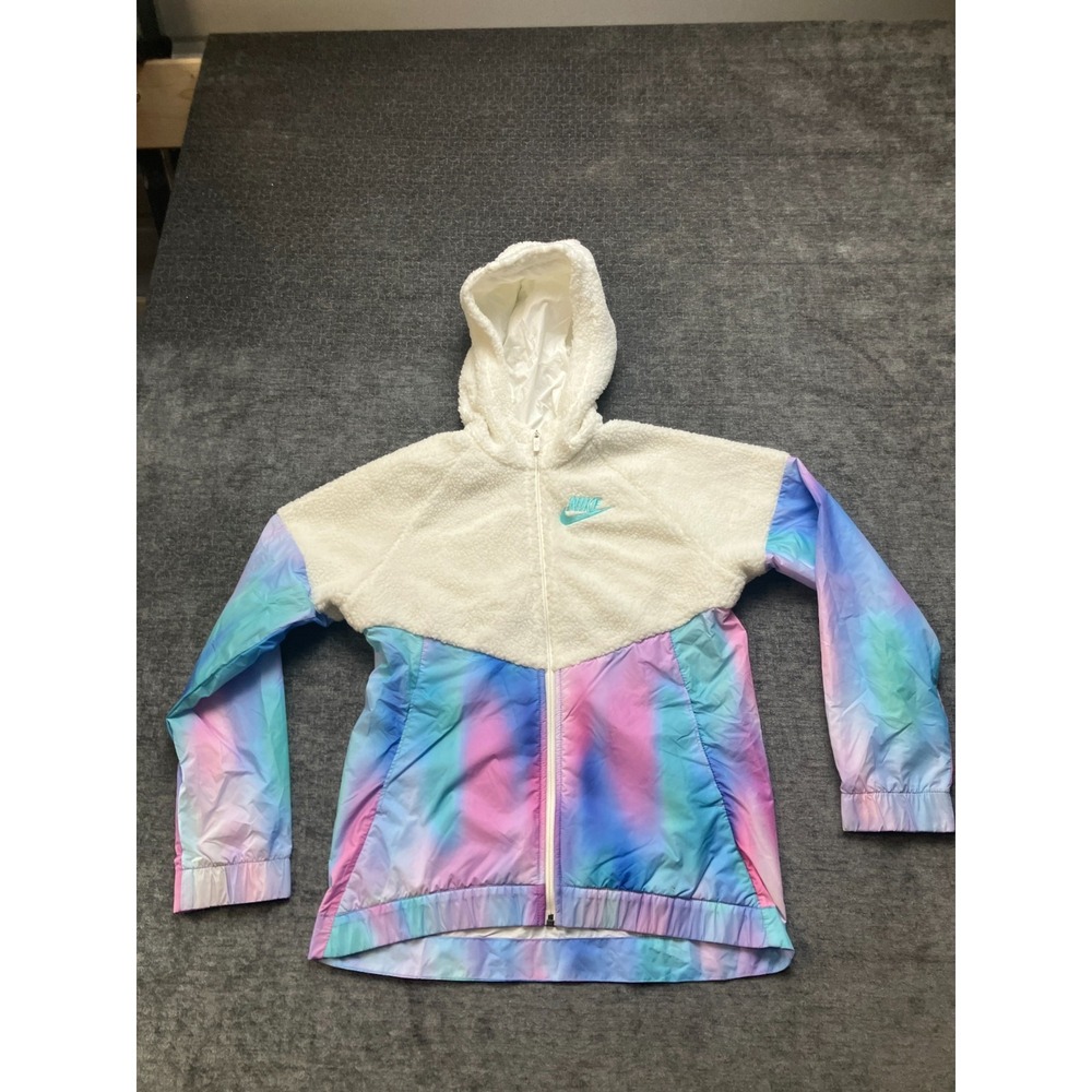 Nike Windbreaker Jacket Girls XL White Aqua Tie Dye Sherpa Fleece Hooded Zip Up